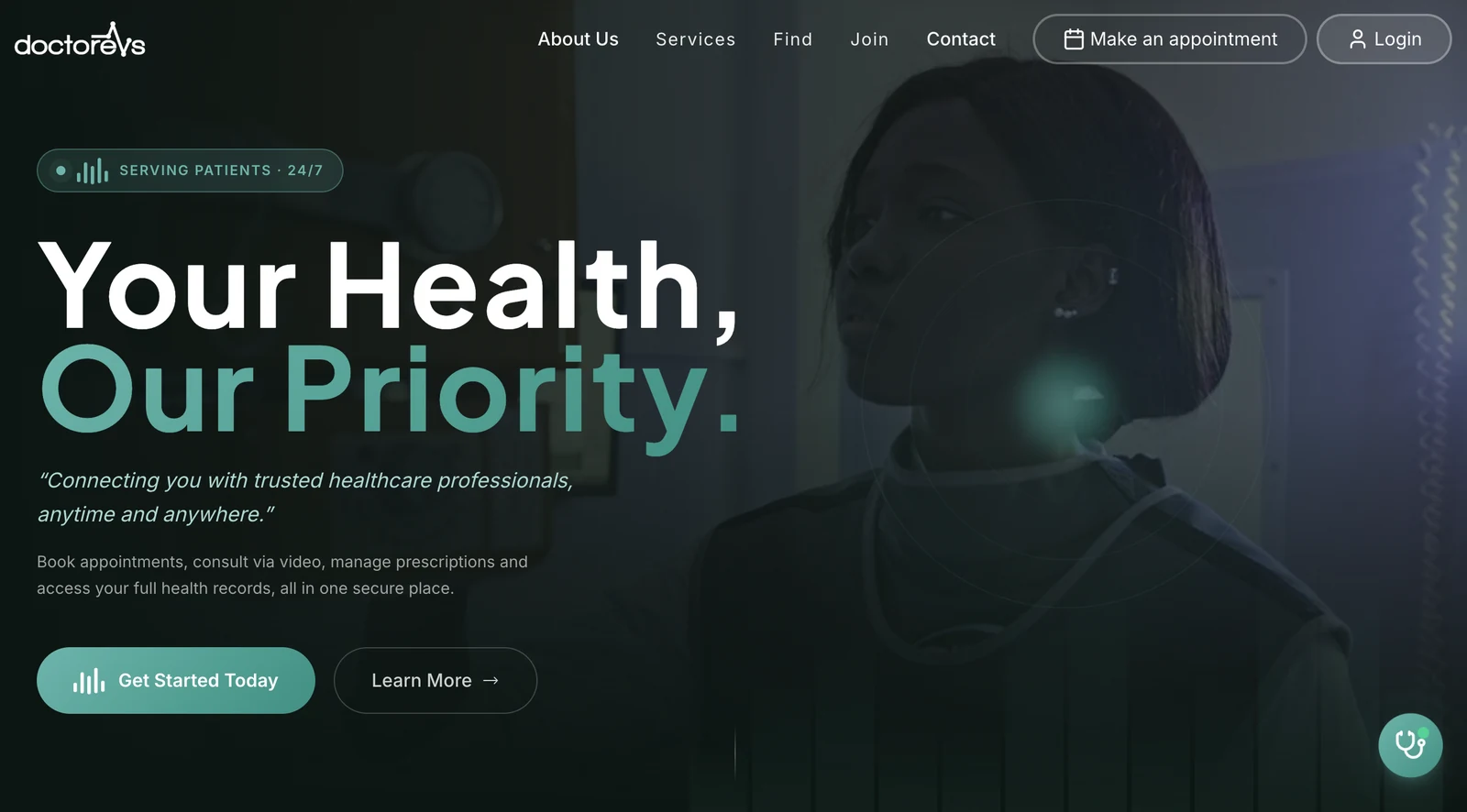 Doctorevs homepage with the headline Your Health, Our Priority